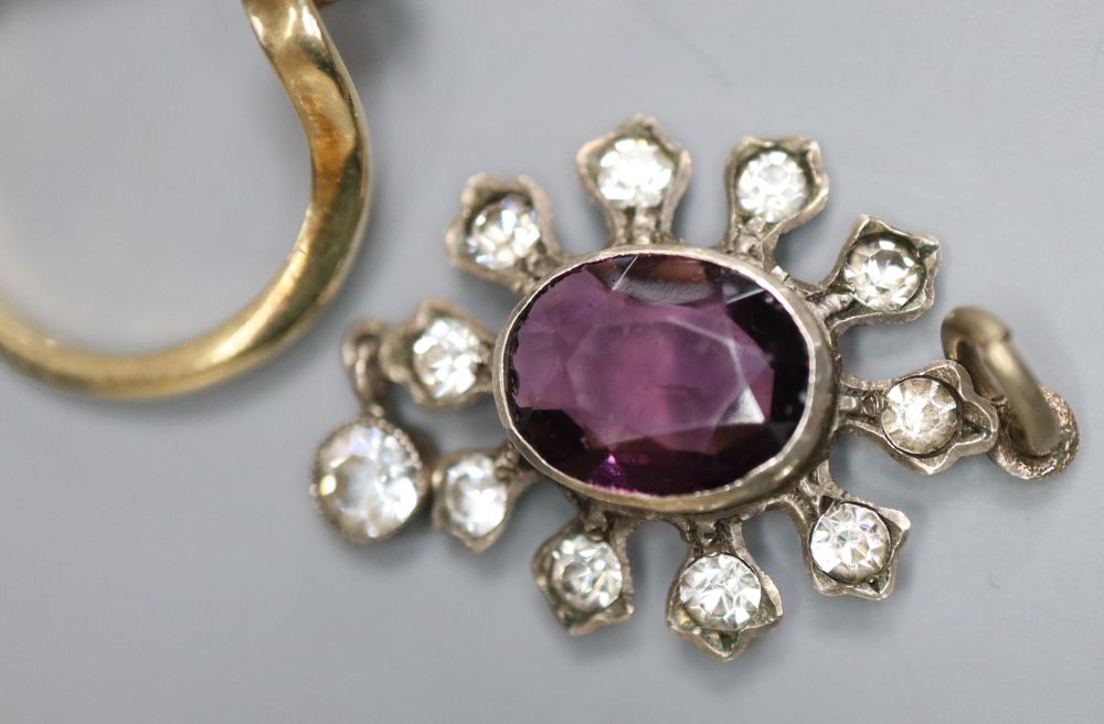 Mixed jewellery including two 9ct gold gem set rings, gross 6.5 grams, a 750 and gem set ring, gross 2.7 grams etc.